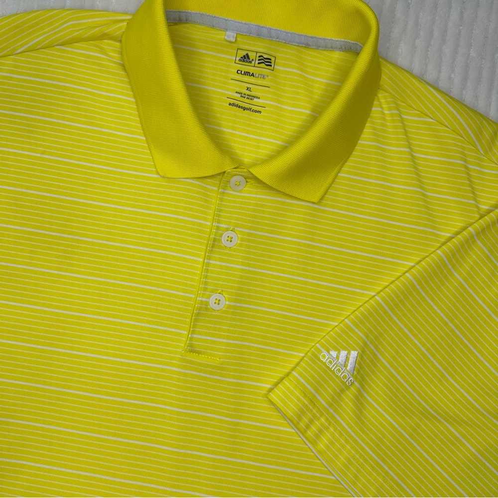 Adidas ClimaLite Yellow/White Striped Golf Polo Performance Shirt Size XL
